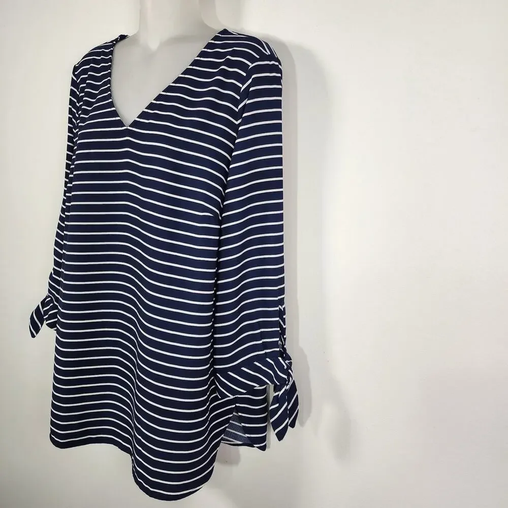 Talbots Womens Tunic Top Navy Blue White Striped Tie 3/4 Sleeve V Neck Medium
